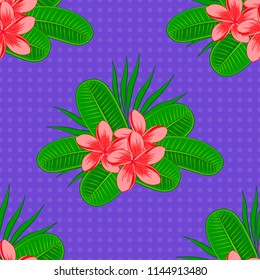 Vector Indian floral plumeria flowers pattern. Can be used for greeting cards background, backdrop, textile. Ethnic towel, henna style. Seamless ornament print in green, pink and violet colors.