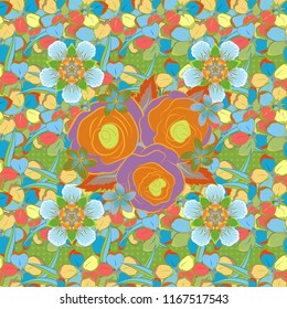 Vector Indian floral rose flowers and leaves pattern. Seamless ornament print in yellow, and blue colors. Can be used for greeting card background, backdrop, textile. Ethnic towel, henna style.