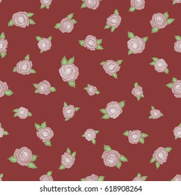 Vector Indian floral rose flowers and green leaves pattern. Can be used for greeting business card background, backdrop, textile. Seamless ornament print on a red background. Ethnic towel, henna style