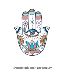 Vector Indian Hamsa hand drawn symbol. Hand of Fatima religious sign with seeing eye, lotus and ornament isolated on white background. Bohemian style. Vector illustration in doodle zentangle style.