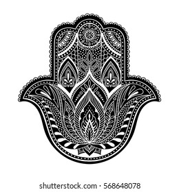 Vector Indian hamsa hand symbol. Black and white tribal ornamental talisman. Ethnic hand drawn design. Boho illustration
