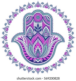 Vector Indian hamsa hand symbol. Multicolor tribal ornamental talisman. Ethnic hand drawn design. Boho illustration