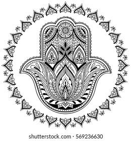 Vector Indian hamsa hand symbol. Black and white tribal ornamental talisman. Ethnic hand drawn design. Boho illustration