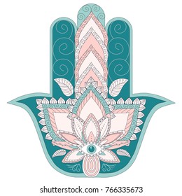 Vector Indian hand drawn ethnick blue, pink hamsa with ornaments on white background for decoration, for clip art, for tattoo
