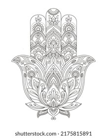 Vector Indian hand drawn hamsa with ethnic ornaments for adult coloring book