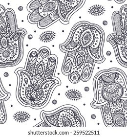 Vector Indian Hand Drawn Hamsa Symbol Seamless Pattern