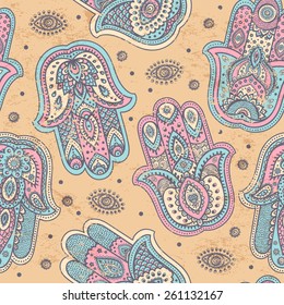 Vector Indian hand drawn hamsa symbol seamless pattern 