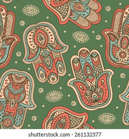 Vector Indian hand drawn hamsa symbol seamless pattern 