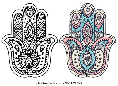 Vector Indian hand drawn hamsa with ethnic ornaments