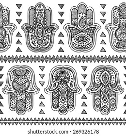 Vector Indian Hand Drawn Hamsa Symbol Seamless Pattern