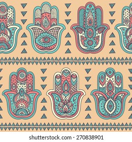 Vector Indian hand drawn hamsa symbol seamless pattern