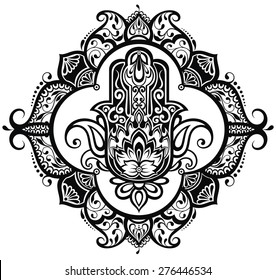 Vector Indian Hand Drawn Hamsa With Ethnic Ornaments