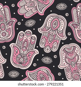 Vector Indian hand drawn hamsa symbol seamless pattern