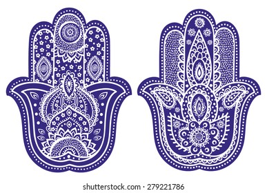 Vector Indian hand drawn hamsa with ethnic ornaments