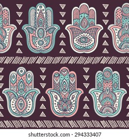 Vector Indian hand drawn hamsa symbol seamless pattern