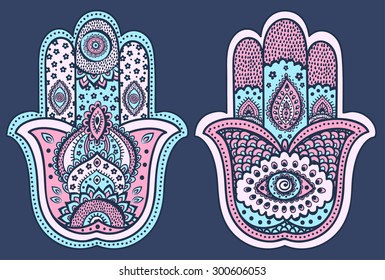 Vector Indian hand drawn hamsa with ethnic ornaments