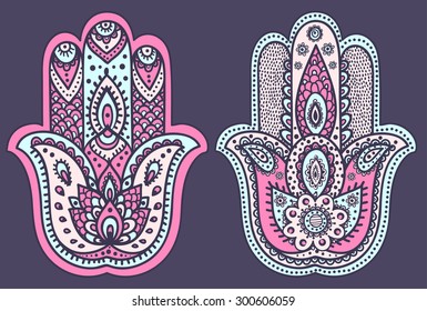 Vector Indian hand drawn hamsa with ethnic ornaments