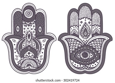 Vector Indian hand drawn hamsa with ethnic ornaments