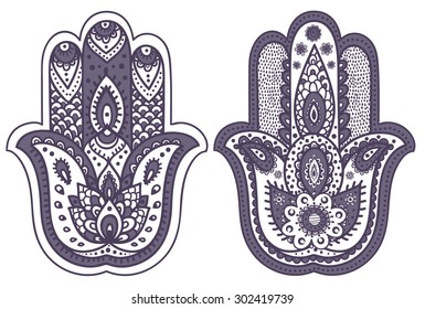 Vector Indian hand drawn hamsa with ethnic ornaments