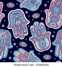 Vector Indian Hand Drawn Hamsa Symbol Seamless Pattern