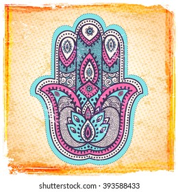 Vector Indian hand drawn hamsa with ethnic ornaments