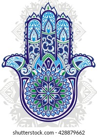 Vector Indian hand drawn hamsa with ethnic ornaments