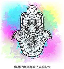 Vector Indian hand drawn hamsa symbol on watercolor background. Indian, Buddhism, Spiritual motifs. Tattoo, yoga, spirituality