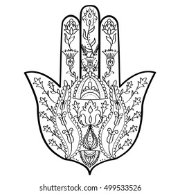 Vector indian hand drawn hamsa hand symbol with floral ornaments. Poster, t-shirt print design. Retro bohemian style Vector illustration.