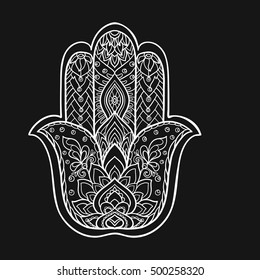 Vector Indian hand drawn hamsa symbol with ethnic ornaments. Outline drawing. White on black background