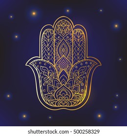 Vector Indian hand drawn hamsa symbol with ethnic ornaments. Gold on black background