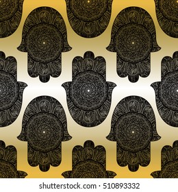 Vector Indian hand drawn hamsa symbol seamless pattern. Light blue background. Gold background