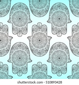 Vector Indian hand drawn hamsa symbol seamless pattern. Light blue background