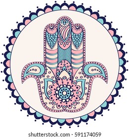 Vector Indian hand drawn hamsa symbol in mandala ornament