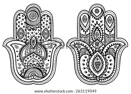 Vector Indian hand drawn hamsa with ethnic ornaments