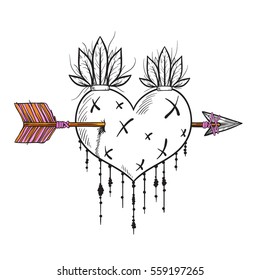 Vector Indian heart with arrow and pair. Isolated on white background.