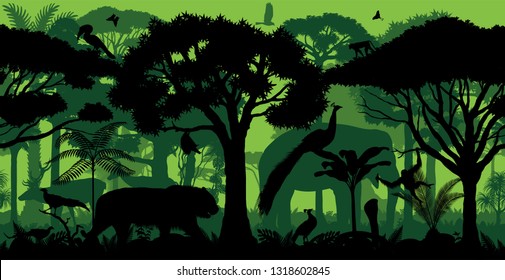 Vector Indian horizontal seamless tropical rainforest Jungle forest background with animals