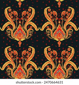 Vektorgrafik Indische Illustration für Textildruck, edle Motive mit Mandala-Elementen, Pfauenfedern und -blumen, kräftige und satte Farben, inspiriert von traditionellen indischen Motiven