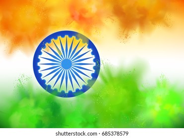 Vector Indian Independence Day horizontal background with colorful powder paint clouds in colors of Indian flag, Ashoka wheel and sample titles
