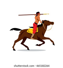 Vector Indian on horseback Cartoon Illustration. Rider preparing to throw javelin. Unusual Logo template isolated on a white background