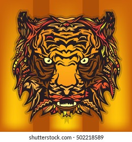 Vector Indian ornament of angry tiger with fire background.