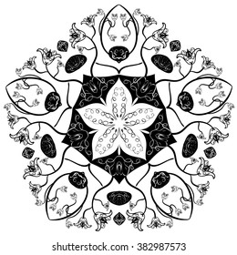 Vector Indian ornament, kaleidoscopic floral pattern, mandala. Ornamental round lace pattern, circle background with many details