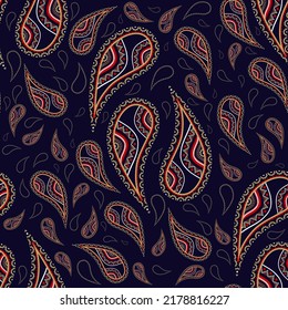 Vector Indian paisley flower red-gold color diagonal seamless pattern on dark blue background. Use for fabric, textile, interior decoration elements, upholstery, wrapping.