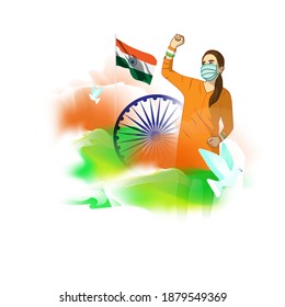 Vector Indian Patriotic concept banner with abstract tricolor background, lady raising hand, ashoka chakra, pigeon, India flag illustration poster.