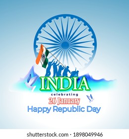 Vector Indian Patriotic concept banner for Indian republic day, 26 January with abstract tricolor background, Redford, people with mask holding India flag, illustration poster.