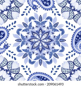 Vector indian pattern. Light indian batik. Drawn blue stylized flowers and paisley on the white background. Floral paisley wallpaper. Design for fabric, textile, cover, wrapping paper, web