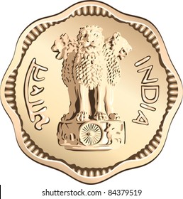vector Indian rupee gold coin money with the lions of Ashoka