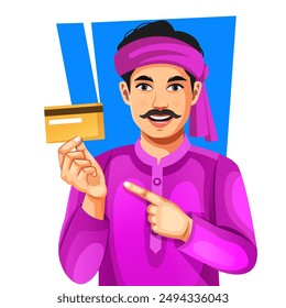 Vector of Indian rural man showing debit or credit card to promote online payment with a debit card in an agricultural field. Concept of payment card, online banking, farmer, modern, debit card