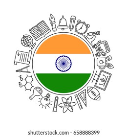 Vector Indian school background, with black linear icons on white. Education of India pattern with modern line style icons and Indian flag.
