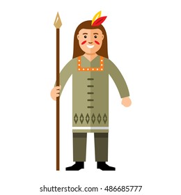 Vector Indian with a spear. Flat style colorful Cartoon illustration.