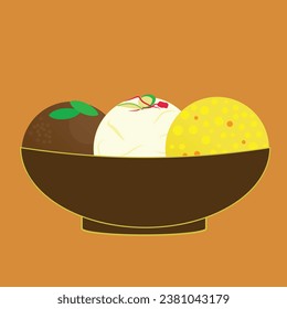 Un vector de dulce indio que normalmente sirve durante el Diwali. En el vector están "gulaab jamu, laddoo y rasgulla